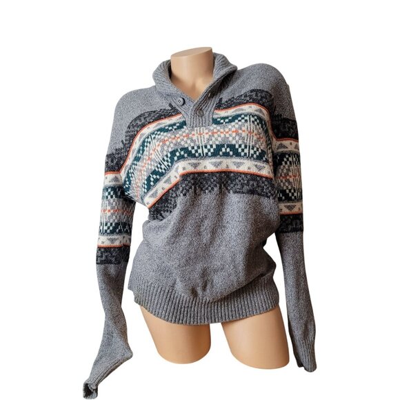 American Eagle Mens Gray Fair Isle Shawl Collar Sweater L Cotton/Wool Blend EUC - Picture 8 of 14